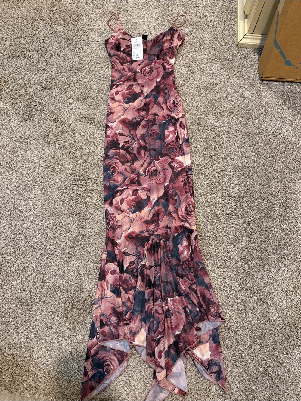 Rose-Print Slip Maxi Dress with Handkerchief Hem - Pink